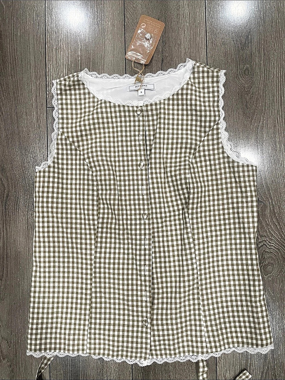 RIHOAS Light Green Boat Neck Plaid Tank Top Green & White Small